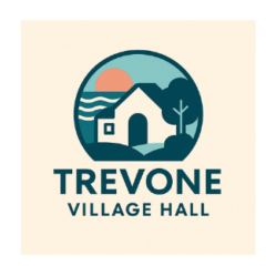 Trevone Village Hall Logo - A building tucked amongst the trees with the sea and raising sun in the background