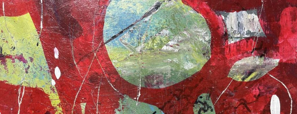 red background with a rough circle shape and leaf shapes in mixed pale green, yellow and white