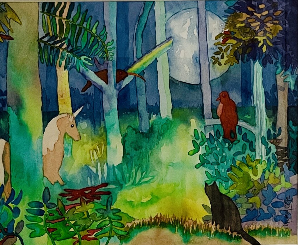 Background - on the right is a large moon showing through some trees in the foreground is a unicorn on the left, a cat on the right with a bird in a tree above it