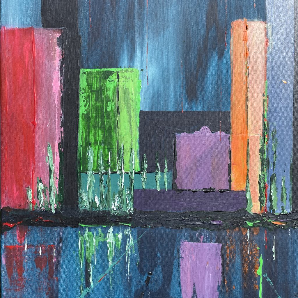 red, pink green, orange and blue tall blocks forming a skyline with wobbly reflections in the lower third
