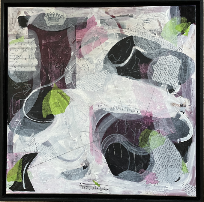 abstract of purple black shapes separated by white with a few splashes of lime green one of which on the mid left looks like an umbrella