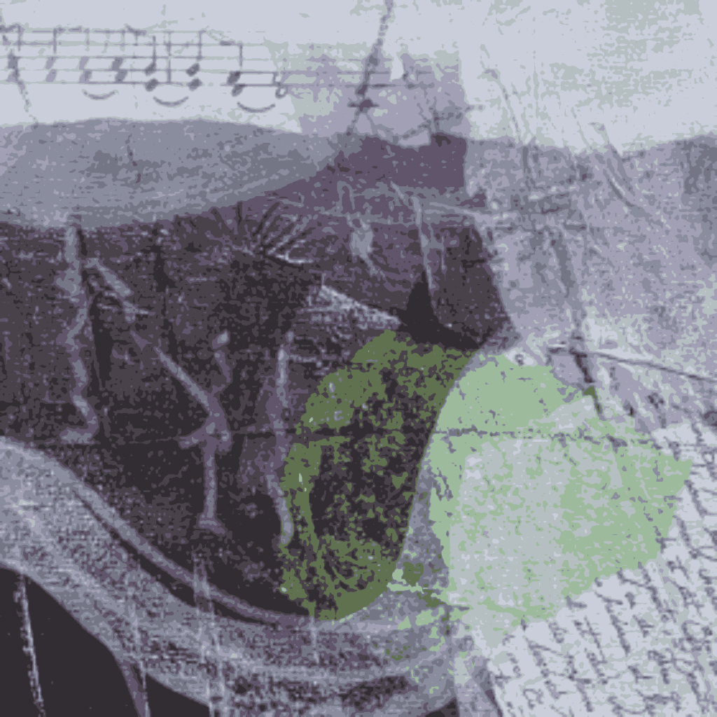 a close up of a section. Top left there is a line of musical notes over s purple shape. Below this shape is a wave of white leading onto some green and script