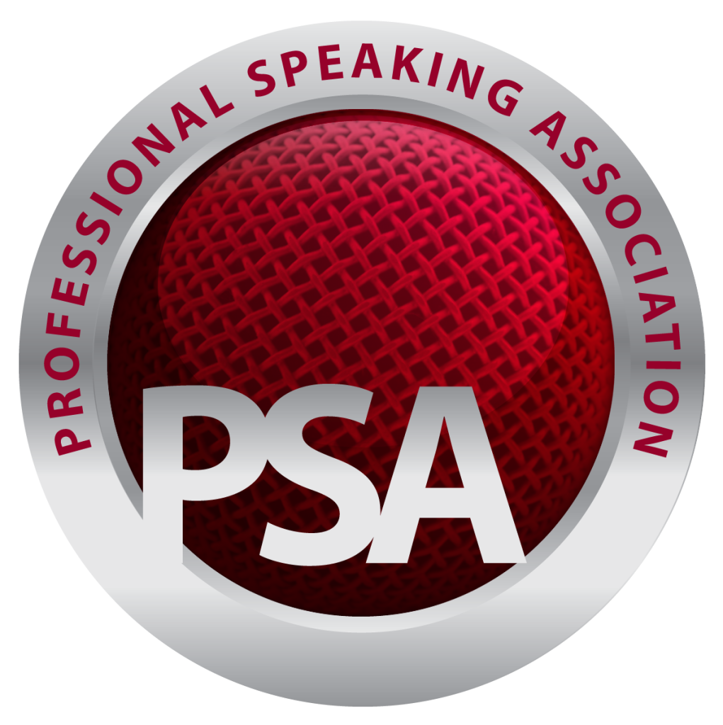 Logo of Professional Speakers Association. Colours Red and Grey