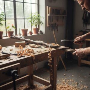 Hands carving a staff, that is propped on a workbench. Lots of carving tools