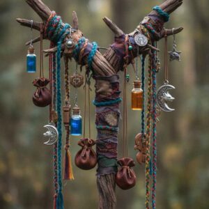A forked stick with lots of trinkets and embellishments hanging from it, much like a Christmas tree, though more rustic and ancient.