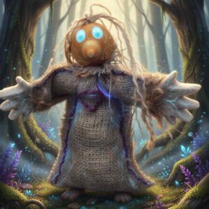 A gourd creatures. A small gourd painted as a head, with a fabric body attached and salt-dough hands. The gourd creature stand before a magical woodland grove