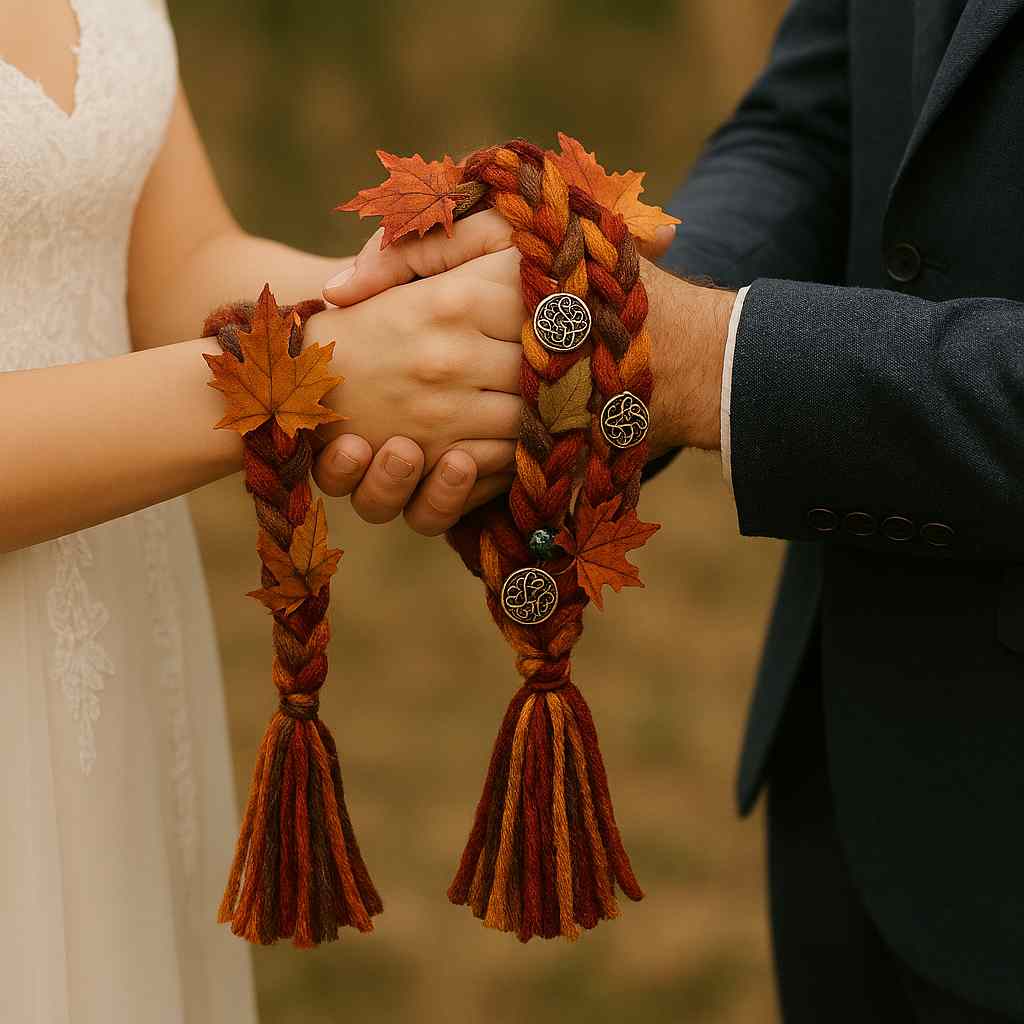 Hands belonging to a groom and bride, holding each other, a hand-fasting cord draped over their hands