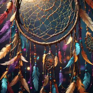 A dream catcher of many different color threads and feathers
